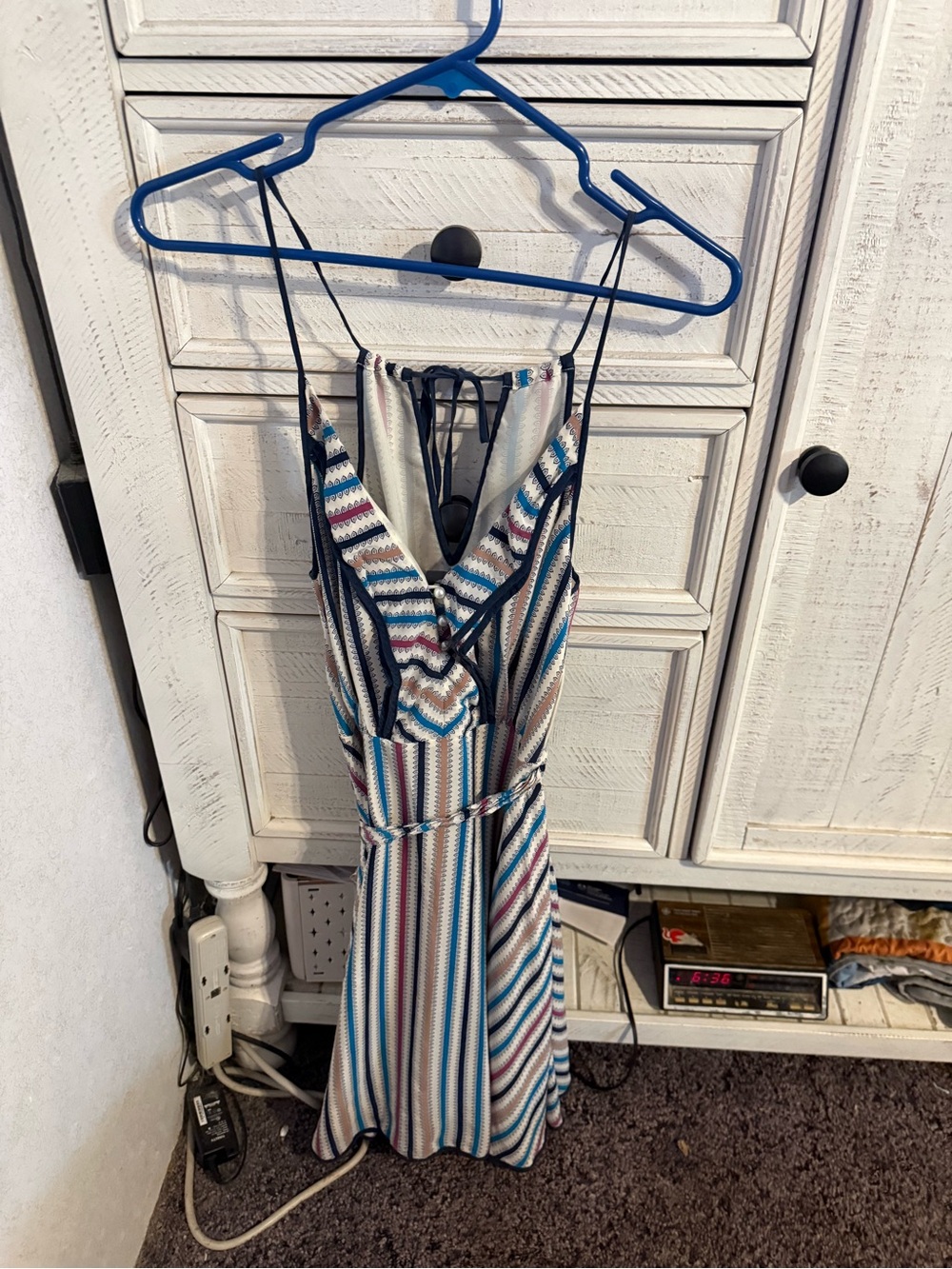 Striped V-Neck Midi Dress with Tie Waist in Multi-Color